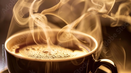 A close-up photo of a freshly brewed cup of coffee, with steam swirling upwards and revealing the rich aroma.