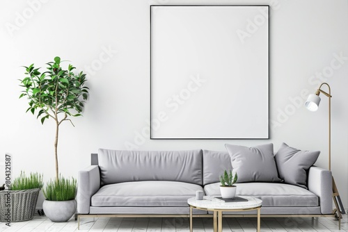 A living room with a gray couch, plants, and a blank frame on the wall.