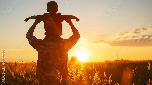 Silhouette of happy father and son doing muscled arm flexing poses at sunset in the meadow, kid sitting on his shoulders