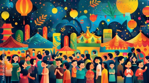 A bustling night market with people, stalls, and lanterns