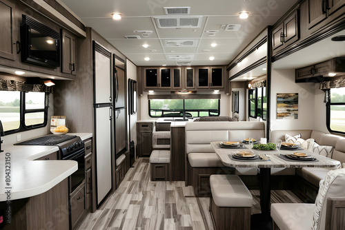 Modern, clean design of a fifth wheel travel trailer shows the dining area with storage and a huge picture window.