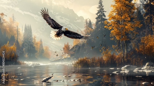 An eagle in flight catching fish from a lake
