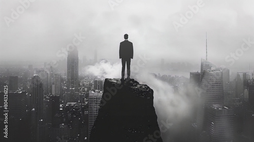 A businessman stands at the edge of a cliff, facing a chasm that symbolizes the risks of business decisions, distant view, poetic