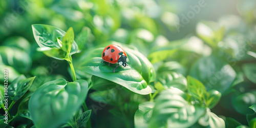 A vibrant red ladybug meticulously explores the surface of a fresh green leaf, symbolizing natural beauty and eco-balance.