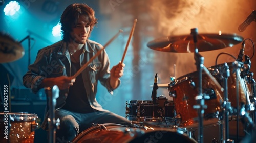 A long-haired male rock drummer playing the drums on a stage with blue and orange lights.