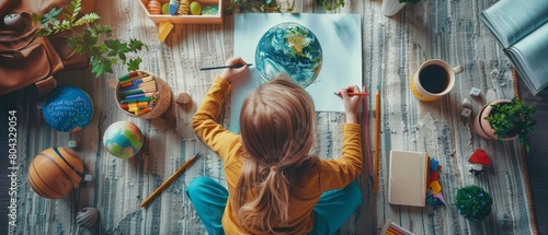 An adorable little girl imagines our planet as a happy, healthy place with clean, sustainable living as she draws. Cozy sunny day and little girl is having fun drawing our green planet.