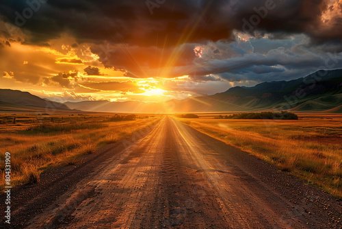 view of a sun-drenched road extending towards the horizon, bordered by imposing mountains under a radiant, dramatic sunset