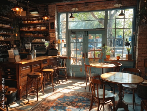 An interior shot of a vintage cafe with brick walls and large windows looking out onto a city street.