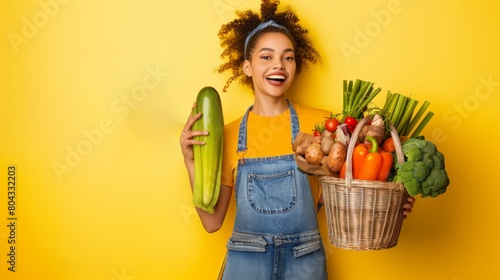 Young African American woman holding a large zucchini next to a basket full of fresh vegetables, emphasizing a healthy diet