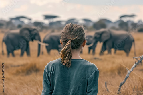woman is standing in a field with elephants in the background. The elephants are in the distance, and the woman is looking at them. The scene is peaceful and serene, with the woman