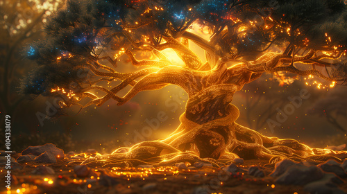 A majestic tree glows with golden light