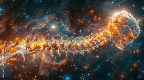 Artistic rendering of a series of spinal vertebrae floating against a cosmic backdrop with one disc dramatically colored and slightly displaced