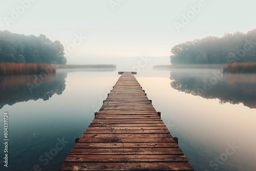 A serene lakeside scene with a wooden dock stretching out over calm waters at dawn, isolated on solid white background.