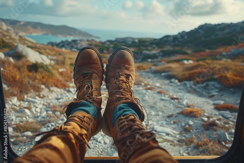Relaxed traveler's view of boots with stunning coastal scene from the comfort of a vehicle