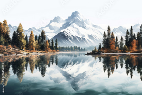 A serene mountain lake surrounded by pine trees with reflections of snow-capped peaks, isolated on solid white background.