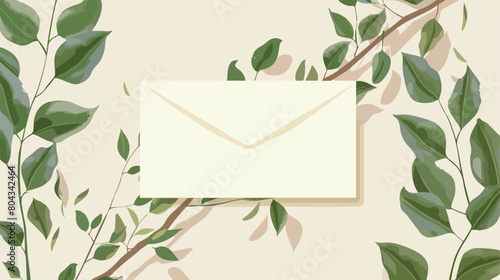 Blank card with envelope and plant branch on white background