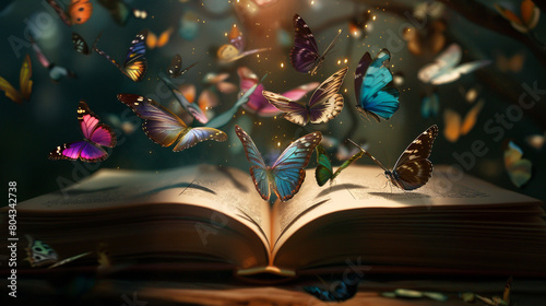 butterflies coming from the book flying in a dark room