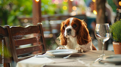 Cute funny dog at served table