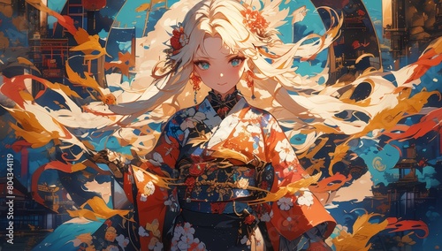 A cute girl with long hair, dressed in an elaborate kimono decorated with red flowers and black phoenixes, surrounded by swirling clouds of floral patterns, depicted as anime characters. 
