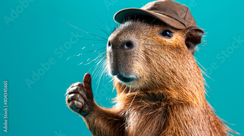 Portrait of a happy capybara in a cap holding a thumbs up as a sign of excellent work on an isolated blue background.