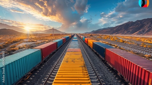 Containers are transported in train cars for railway freight logistics