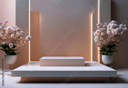 'shadow product design lighting geometric Abstract AI Aesthetic showcase podium background dais Modern sunlight Summer wall flower studio pastel minimal 3D poduim'
