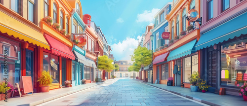 A illustration depicting a street filled with shop buildings, showcasing urban architecture and design.