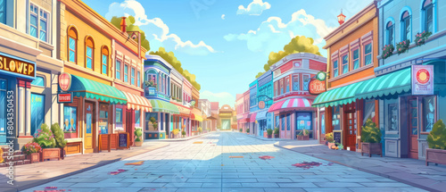 illustration of street lined with shop buildings. Urban scene with colorful facades and signs, depicting a bustling shopping district.