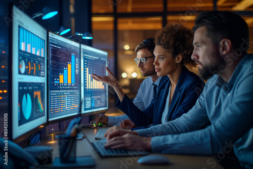 Team analyzing data trends on multiple monitors, ideal for financial or technological sector marketing and analytics insights