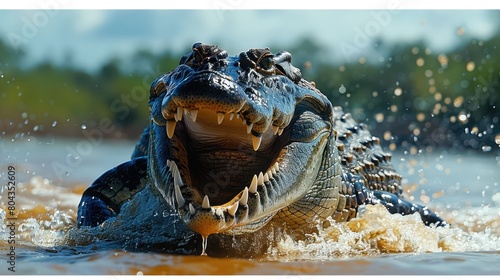 A saltwater crocodile (Crocodylus porosus) opens its jaws as it erupts out of the Hunter River, part of the Kimberley Region Western Australia, Australia Generative AI