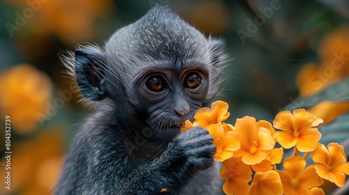 A silver leaf or silvery Lutung monkey, Trachypithecus cristatus, reaching out for a yellow flower to eat. Generative AI