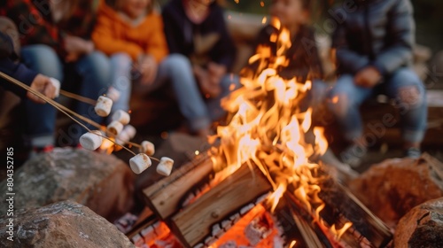 A group of parents and kids gathered around a campfire at an alcoholfree camping playdate roasting marshmallows and telling stories.