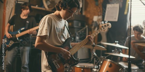 Teenage band practicing in a cramped garage, with cluttered equipment and members tuning instruments, immersed in their music preparation.