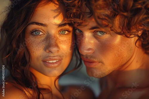 Close-up of a young couple intimately close in warm sunlight, highlighting their attractive features