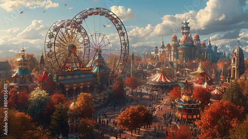 An amusement park with a Ferris wheel, roller coasters, and other rides. The park is located in a beautiful setting with mountains in the background. The park is crowded with people and there is a lot