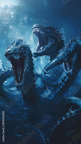 Hydra emerging from dark waters, multiple heads snarling, set against a stark, deep blue background