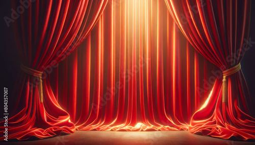 Red velvet theater curtains tied with golden tassels illuminated, against a dark background, concept of performance. Generative AI