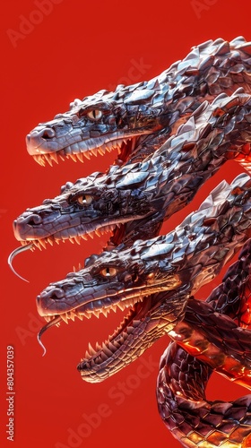 Hydra in a defensive stance, all heads alert and ready, isolated on a clean, fiery red background for dramatic effect