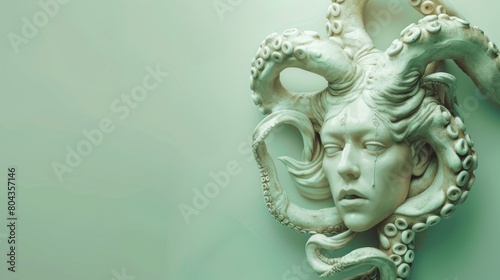 Hydra regenerating a head, capturing the moment of mythical rebirth, set against a minimalistic, light green background