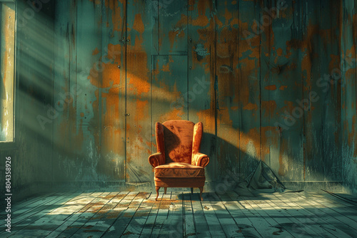 a still life of a single chair centered in a softly lit room