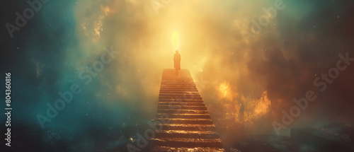 An allegorical scene symbolizing the journey towards success, a determined figure ascending a towering staircase leading to a brilliant light source