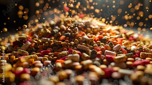 Illuminate the intricate details of a pile of nutrient-rich pellet food using a photorealistic digital rendering technique Focus on the minute textures and shapes to evoke a sense