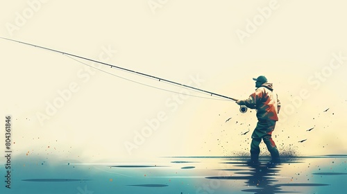 Graphic design illustration silhouette of fisherman holding rod with line fishing alone isolated