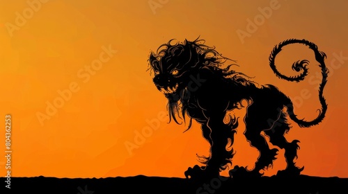 Silhouette of a Chimera at sunset, distinct shapes of its multiple bodies, against a clear, gradient orange background