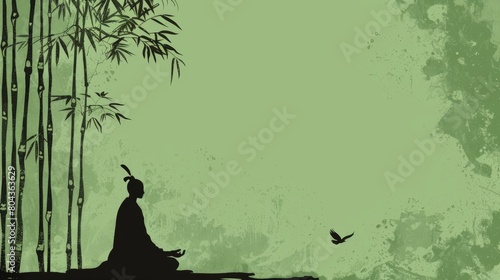 Tengu meditating in a serene bamboo forest, peaceful yet formidable, on a minimalist, green background