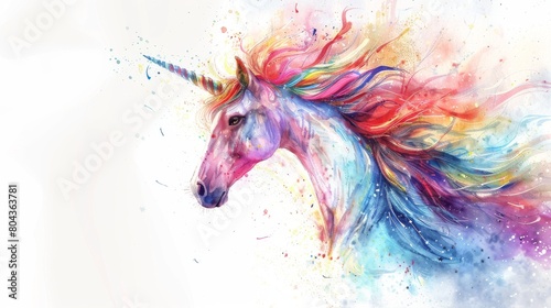 Unicorn with vibrant, multicolored mane, caught in a gentle breeze, against a simple, soft white background
