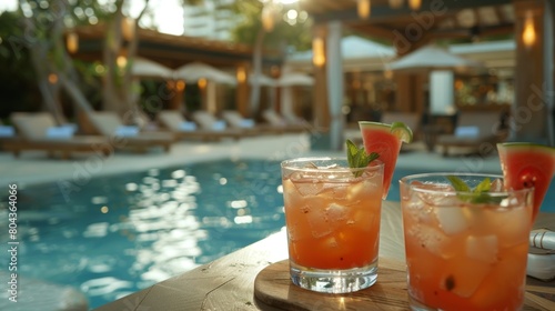 A poolside cabana serving up refreshing mocktails with unique flavor combinations like cucumber mint or watermelon basil.