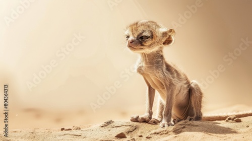 Young Chimera exploring its environment, curious expression, set against a light, uncluttered earthtone background