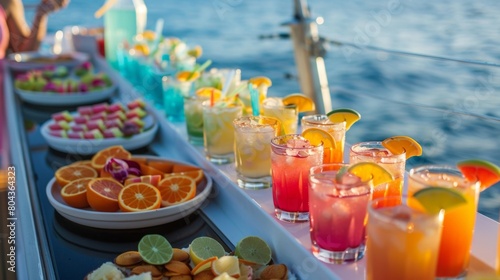 A festive spread of colorful mocktails and snacks served during a nobooze sunset cruise.