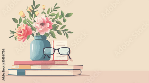 Books flowers in vase eyeglasses and stationery on li